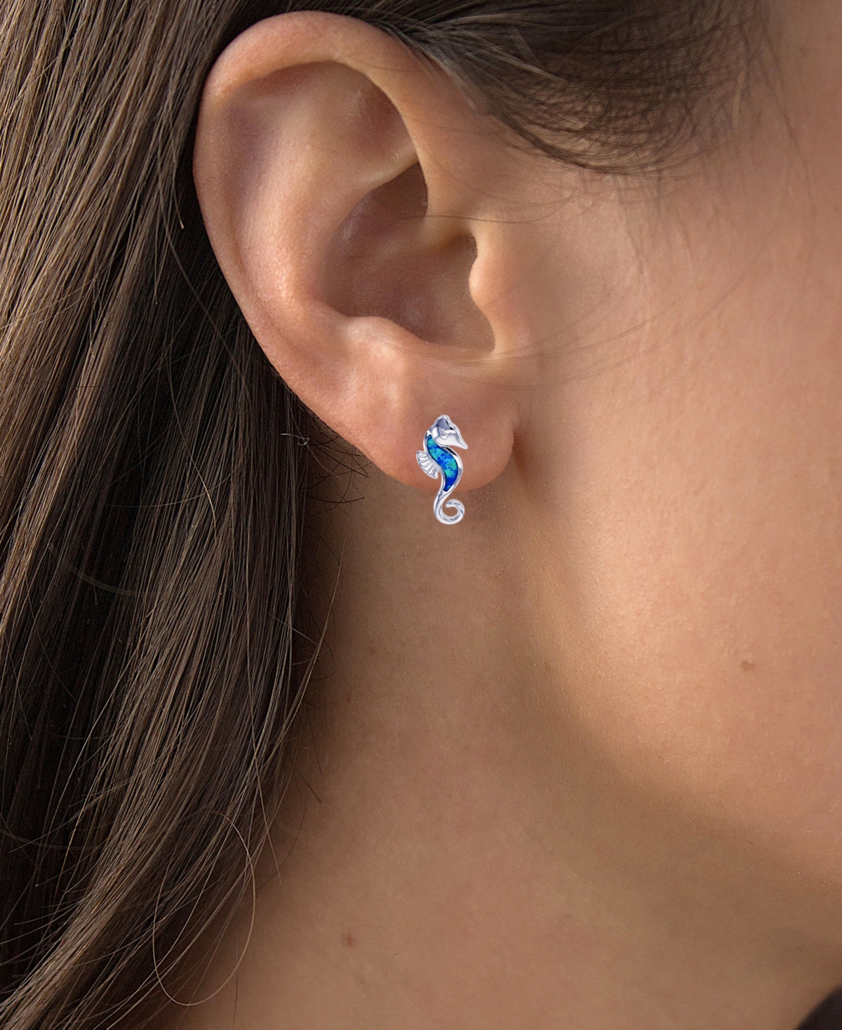 Lab-CreatedSeahorse Stud Earrings (1/4 ct. t.w.) in Sterling Silver - Blue Opal