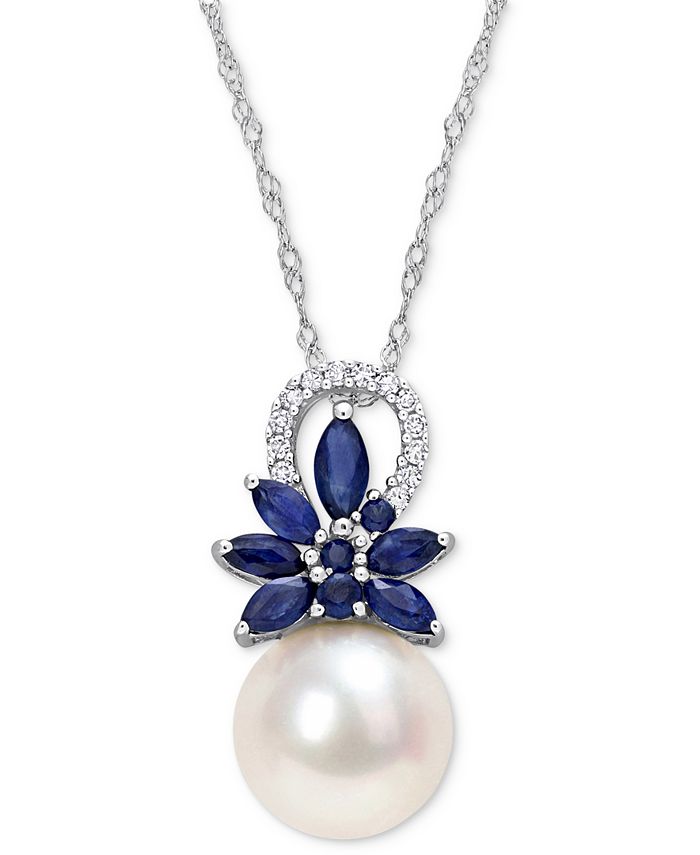 Macy's - Cultured Freshwater Pearl (9-1/2mm), Sapphire (3/4 ct. t.w.), & Diamond (1/20 ct. t.w.) 17" Pendant Necklace in 14k White Gold