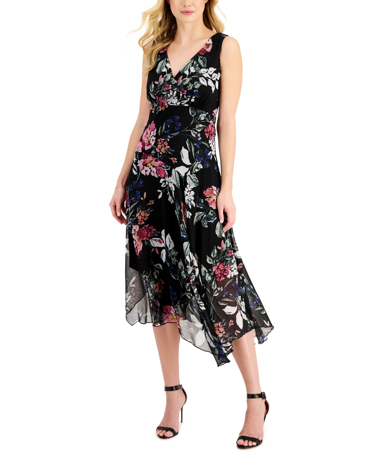 Plus Size Floral-Print Sleeveless Handkerchief-Hem Dress - Black