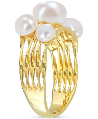 Cultured Freshwater Pearl (4- 7-1/2mm) Cluster Openwork Ring in Yellow Rhodium-Plated Sterling Silver