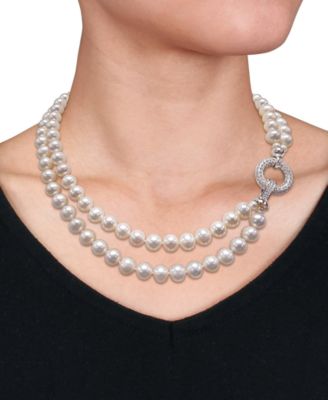 Cultured Freshwater Pearl (7 - 8mm) & Cubic Zirconia Double Strand 17" Collar Necklace
