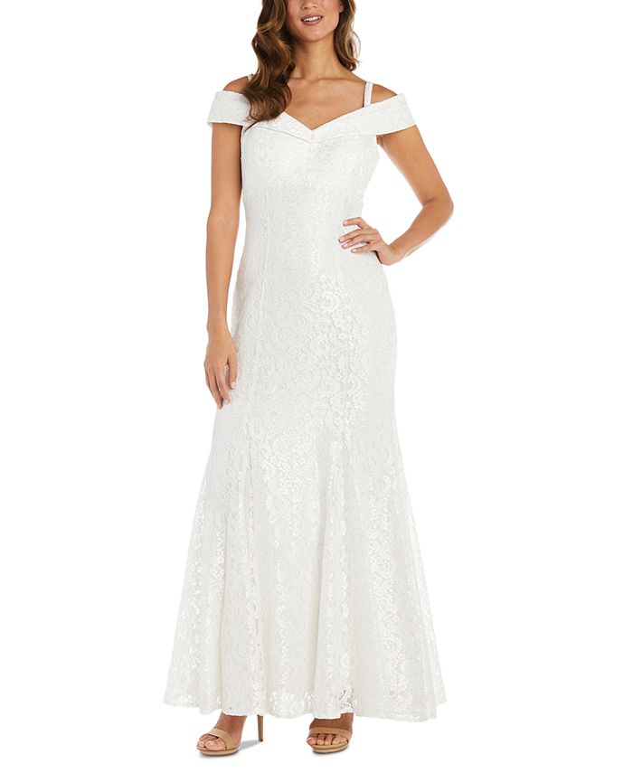 R & M Richards Women's Off the Shoulder Lace Gown Silver Size 18