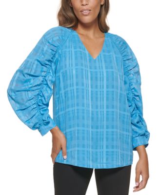 Calvin Klein Plaid Gathered Sleeve Semi 