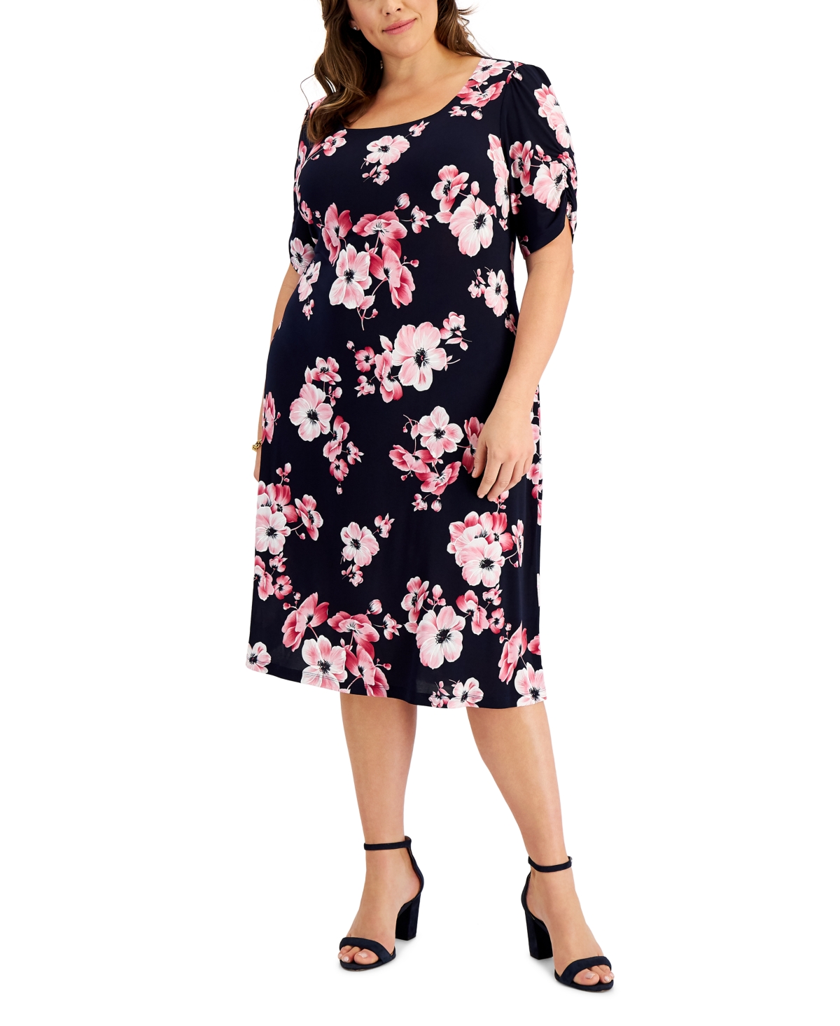 Connected Plus Size Ruchedsleeve Midi Dress In Berry ModeSens
