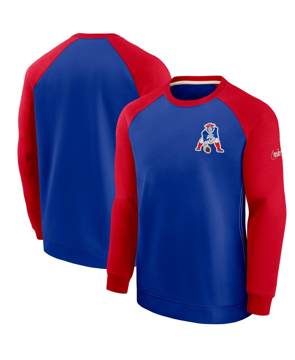 Nike Men's  Royal And Red New England Patriots Historic Raglan Crew Performance Sweater In Royal,red