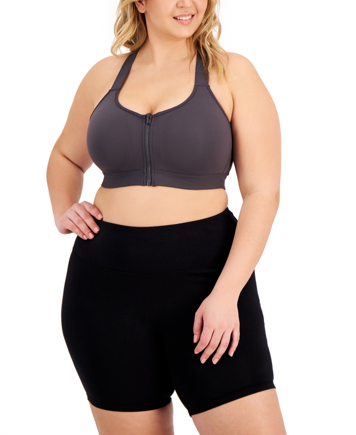 Plus Size High-Impact Zip-Front Sports Bra, Created for Macy's - Bright White