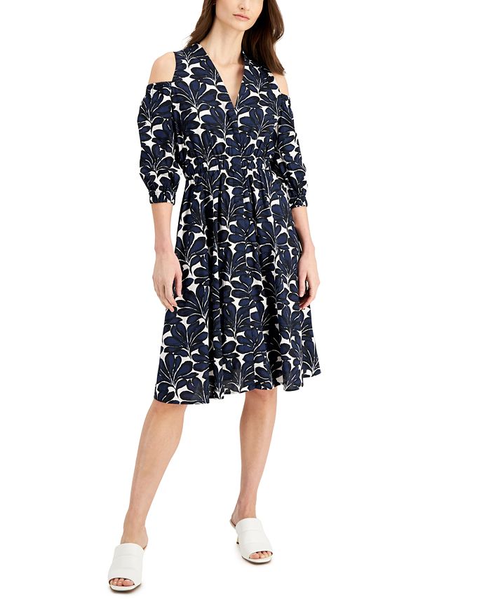 Donna Karan Floral Print Cold Shoulder Midi Dress Macy s