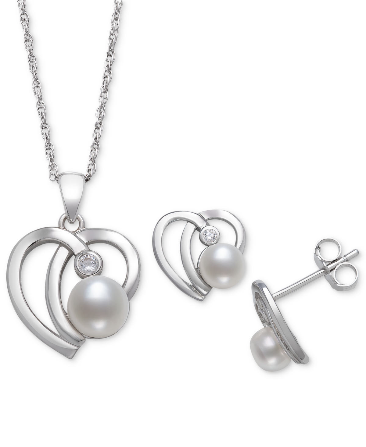 2-Pc. Set Cultured Freshwater Button Pearl (6mm) & Cubic Zirconia Heart Pendant Necklace & Matching Stud Earrings in Sterling Silver - St