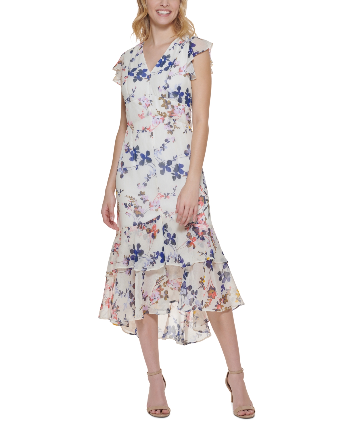 Tommy Hilfiger Petite Floral-print Ruffled Midi Dress In Parchment ...
