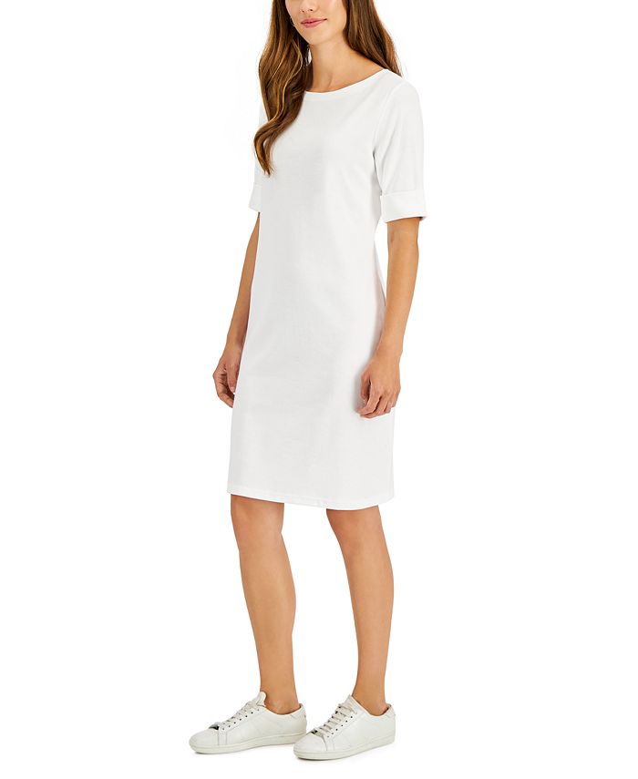 Karen Scott Petite Cotton Boat-Neck Elbow-Sleeve Dress, Created for ...