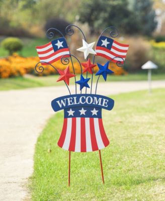 Wooden and Metal Patriotic Flags Yard Stake or Wall Decor Kd, Two Function, 30.25"