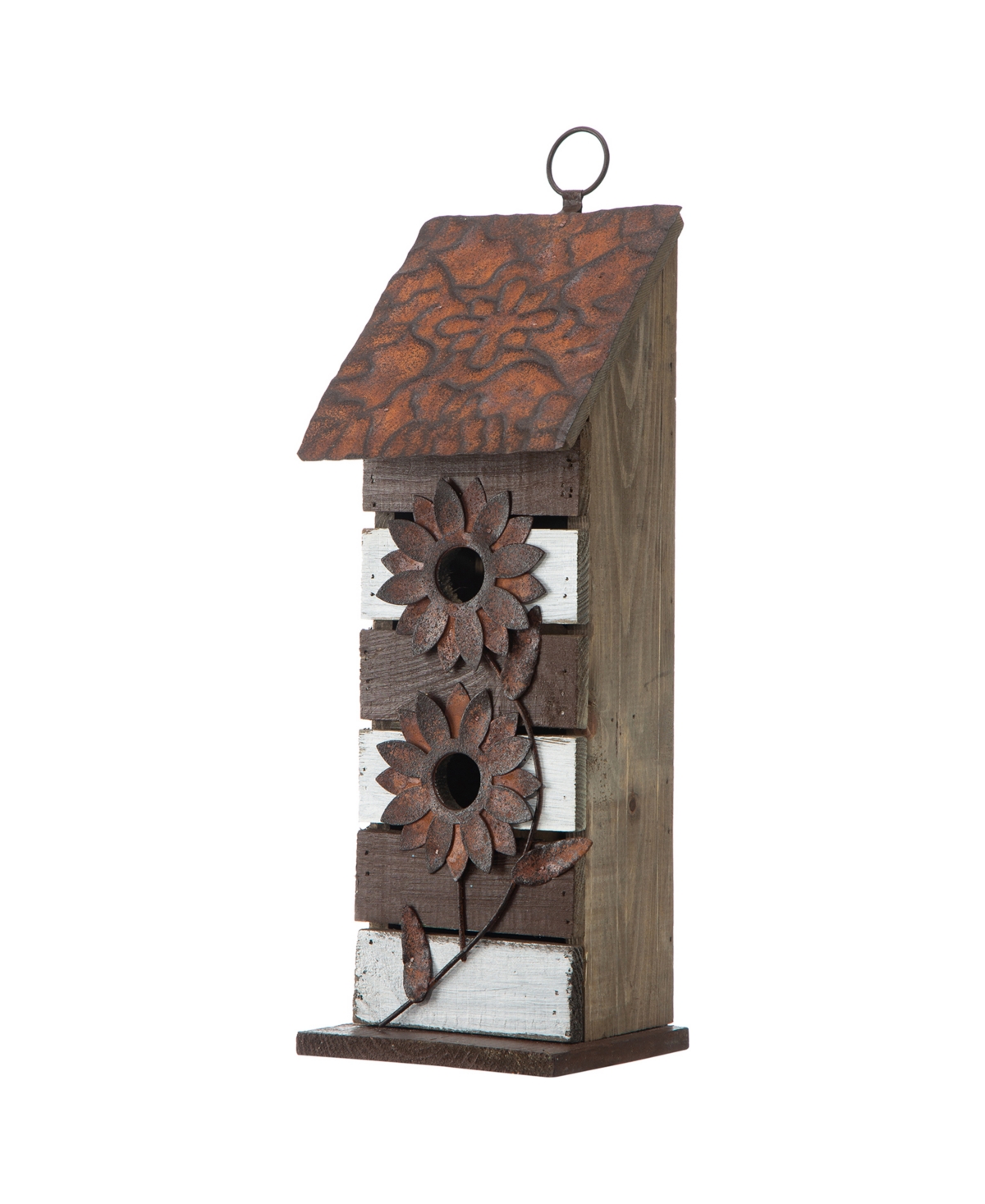 Glitzhome 14.5" Distressed Birdhouse With 3d Rustic Flowers In Brown