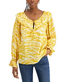 Petite Tiger-Print Tie-Front Ruffled Blouse, Created for Macy's