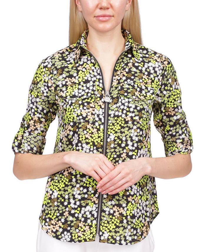 Michael Kors Floral-Print Zip Shirt & Reviews - Tops - Petites - Macy's