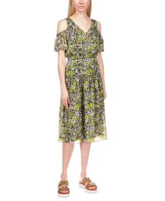 Michael Kors - Metallic Floral-Print Cold-Shoulder Midi Dress