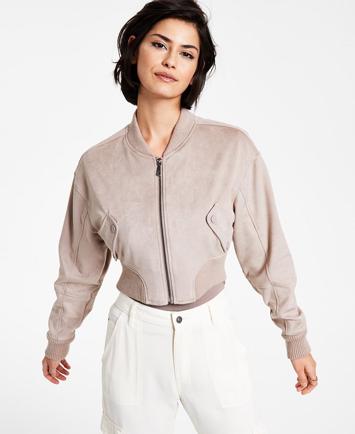 GUESS Cropped Brushed Bomber Jacket - Macy's