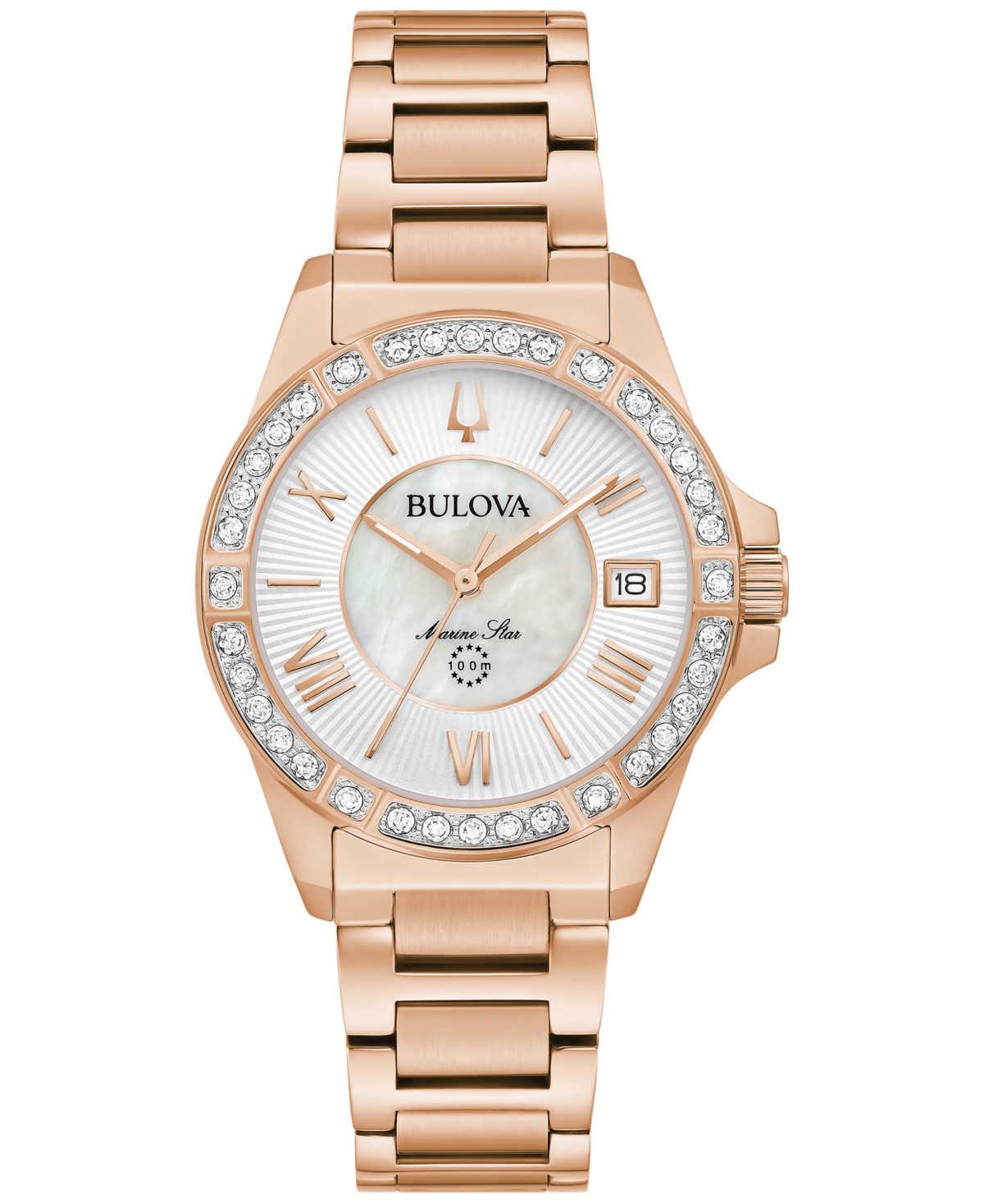 Shop Bulova Women's Marine Star Diamond (1/10 Ct. T.w.) Rose Gold-tone Stainless Steel Bracelet Watch 32mm