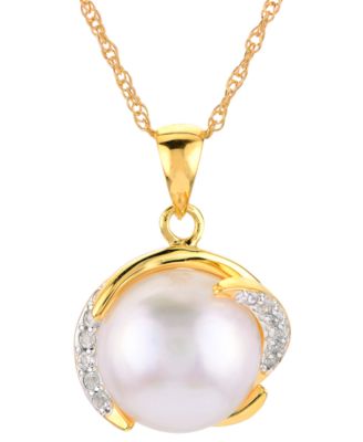 Macy's - Cultured Freshwater Pearl (10mm) & White Topaz (1/6 ct. t.w.) 18" Pendant Necklace in 14k Gold-Plated Sterling Silver