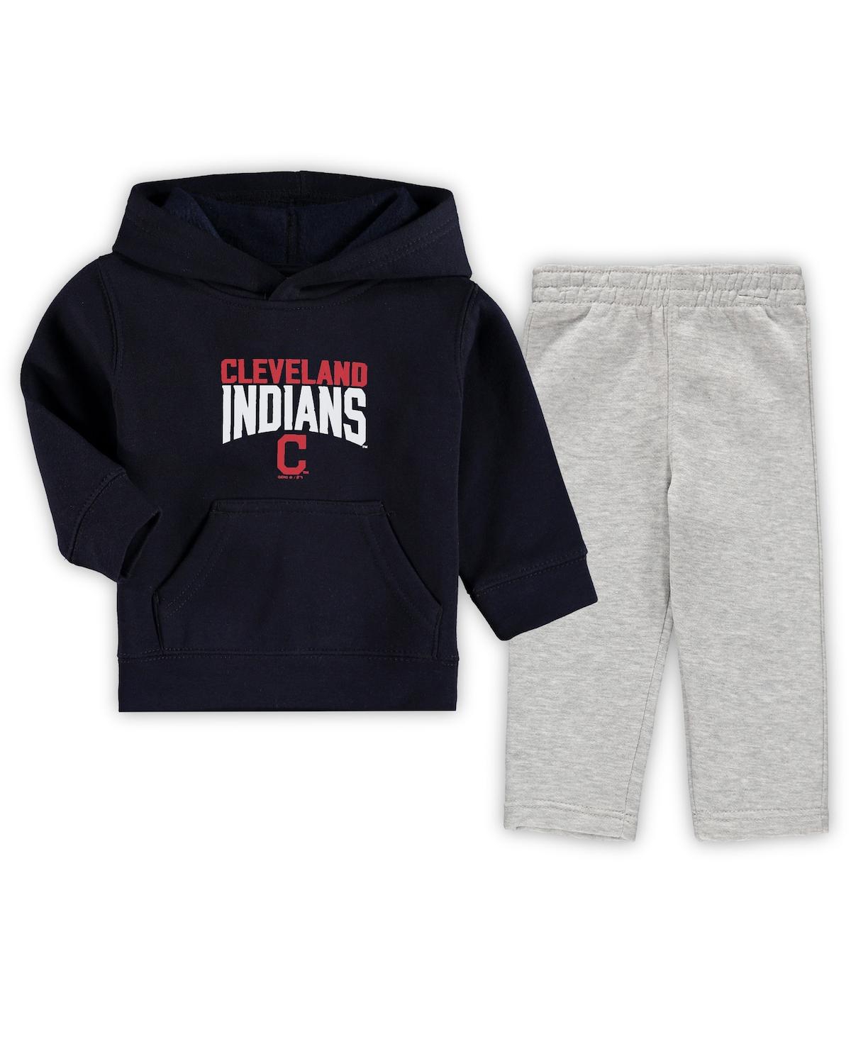 Outerstuff Babies' Infant Boys And Girls Navy, Heathered Gray Cleveland Indians Fan Flare Fleece Hoodie And Pants Set In Navy,heathered Gray