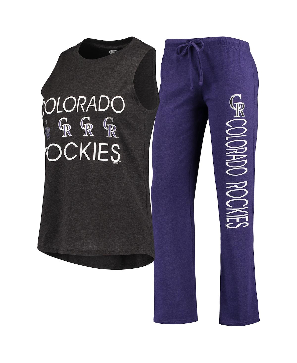Concepts Sport Women's  Purple, Black Colorado Rockies Meter Muscle Tank Top And Pants Sleep Set In Purple,black