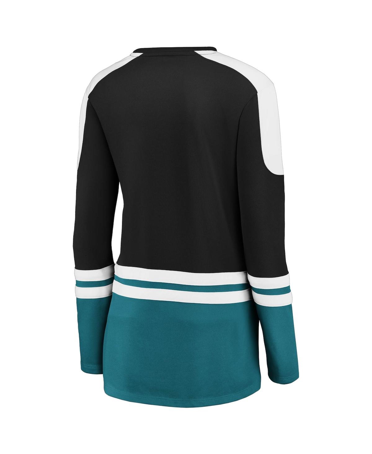 Women's Fanaticsand Teal San Jose Sharks Iconic Slapshot Long Sleeve Notch Neck T-shirt - Black, Teal