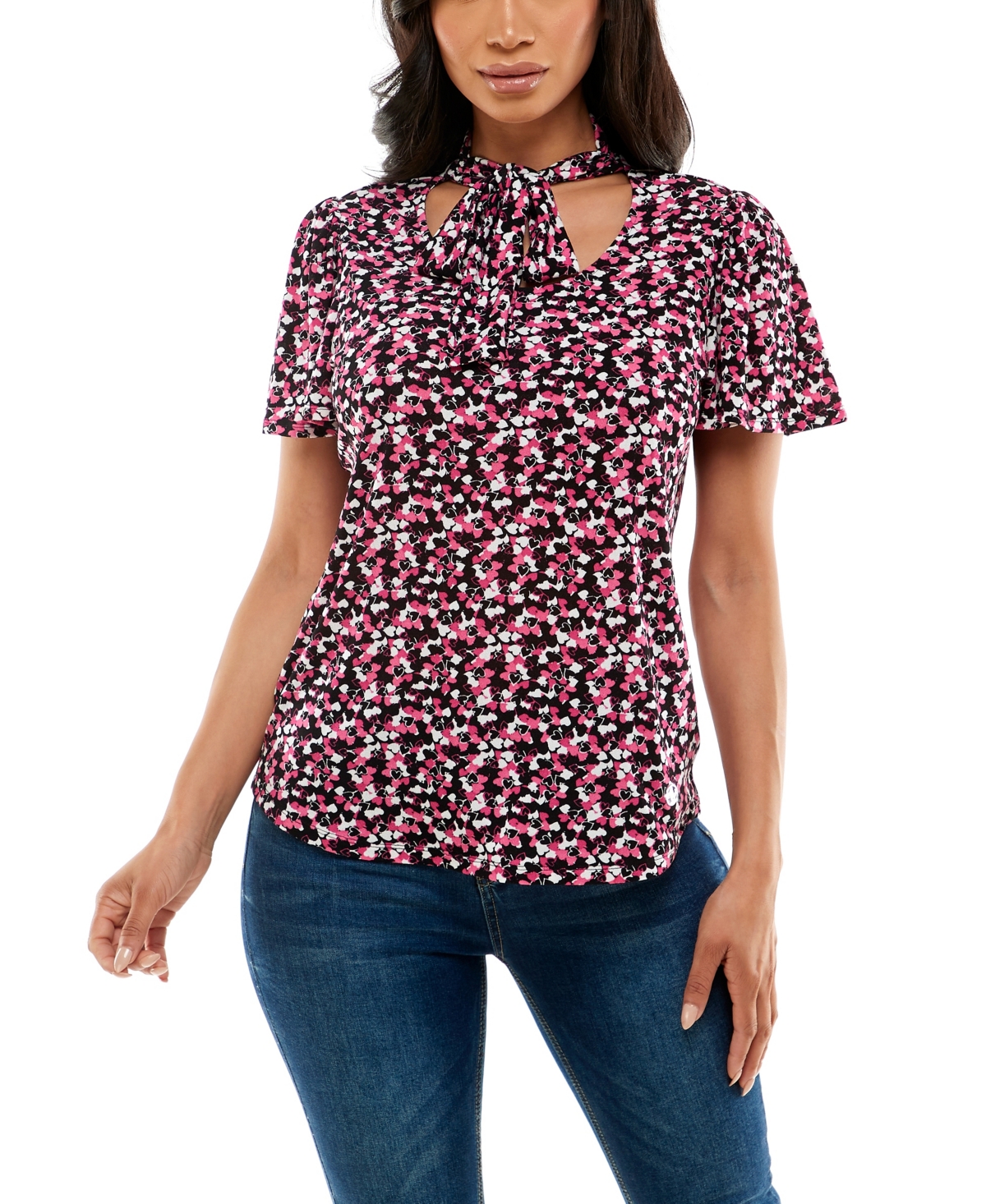 Women's Flutter Sleeve Top with Bow Tie at Neck