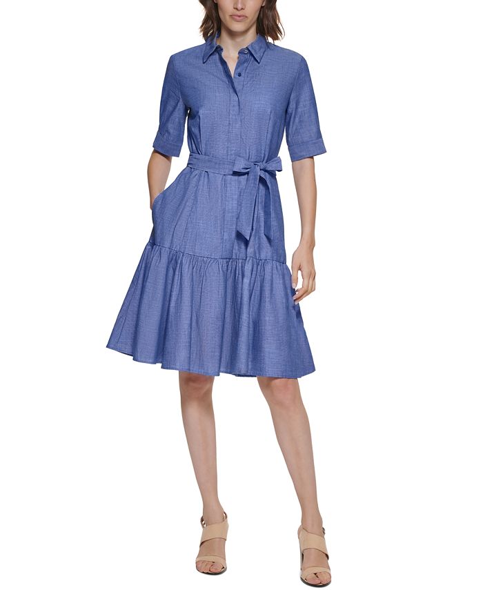 Calvin Klein Petite Cotton Elbow-Sleeve Tiered Shirtdress - Macy's