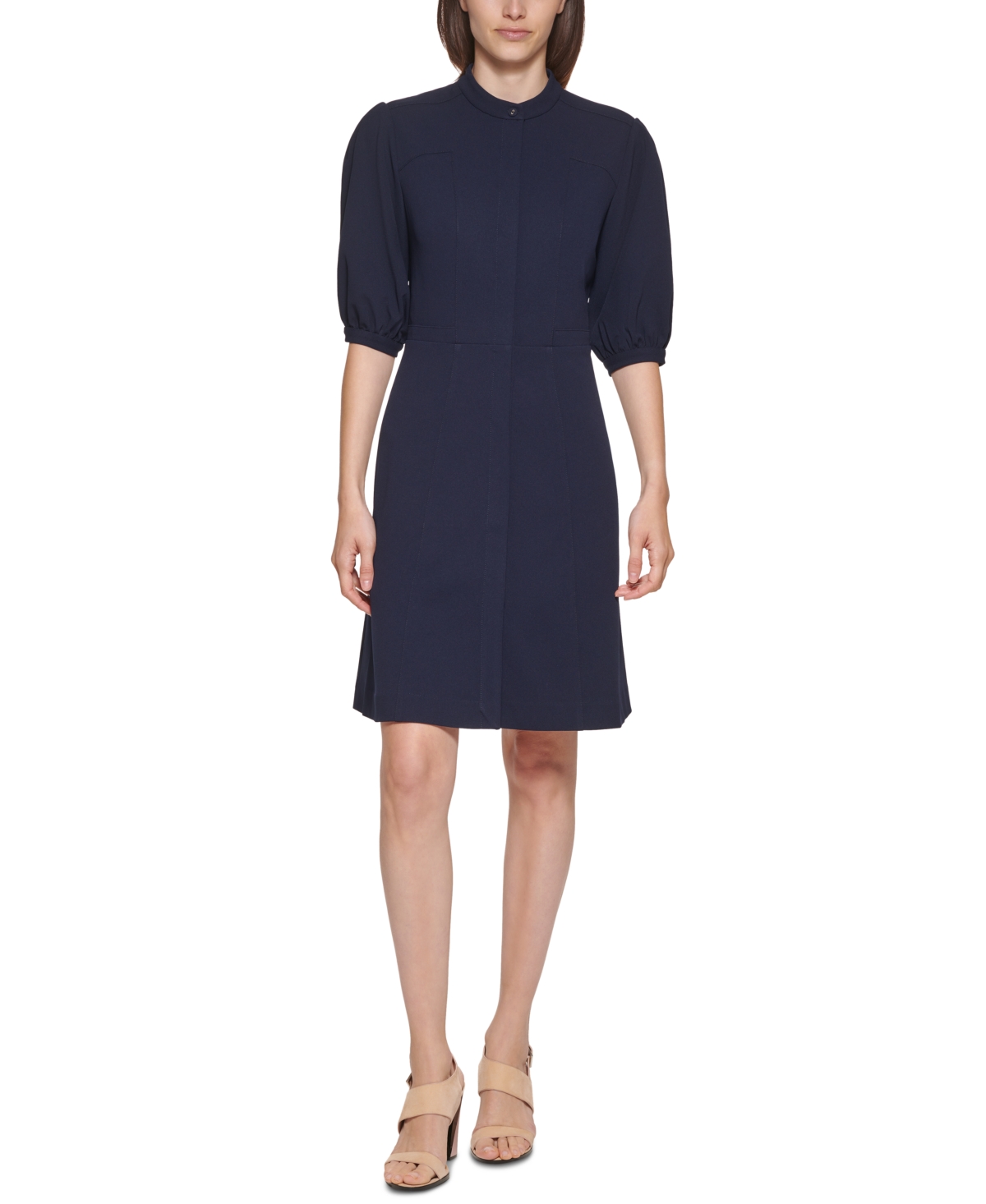 Calvin Klein Puff-sleeve A-line Dress In Indigo | ModeSens