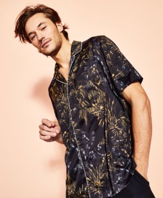 Royalty by Maluma - Men's Relaxed-Fit Palm-Print Satin Camp Shirt with Imitation-Pearl & Faux-Crystal Trim