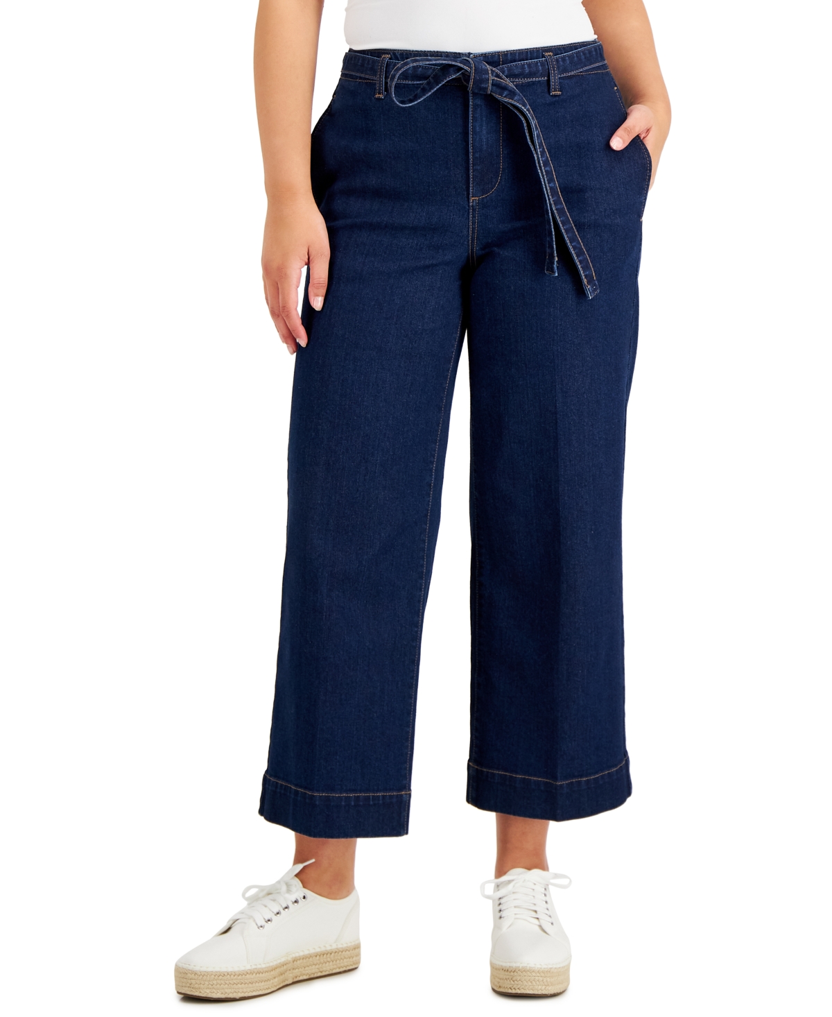 Charter Club Women's Belted Wide-Leg Cropped Jeans, Created for Macy's