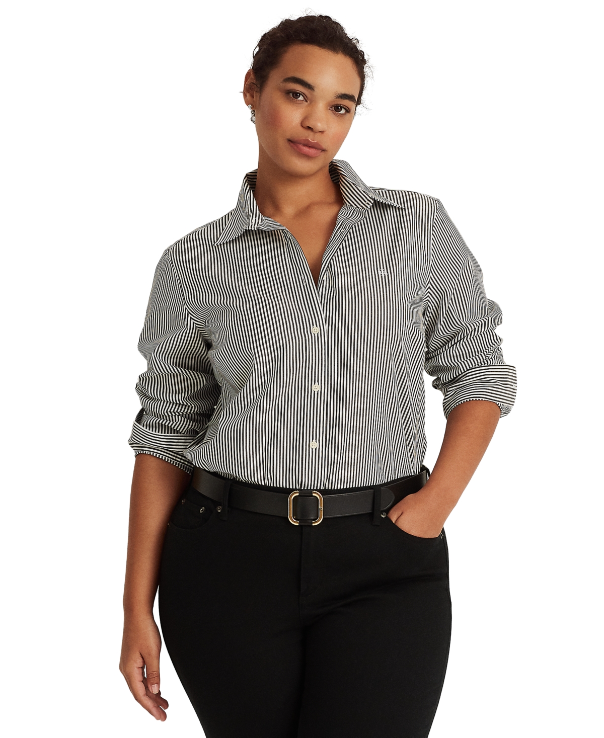 Shop Lauren Ralph Lauren Plus-size Striped Easy Care Cotton Shirt In Black,white