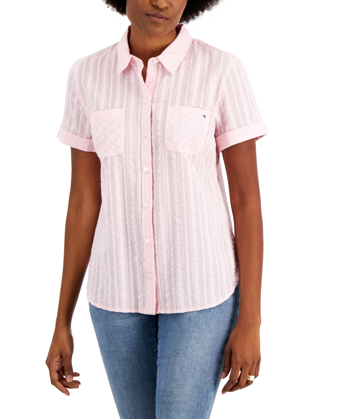 TOMMY HILFIGER WOMEN'S COTTON TEXTURED STRIPE CAMP SHIRT 