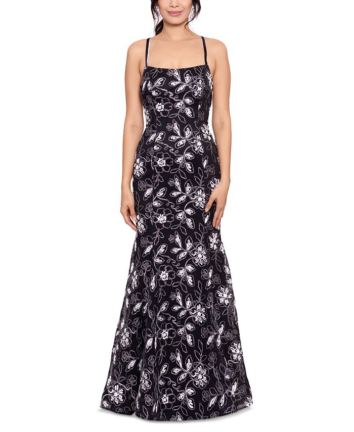 Betsy & Adam Embroidered Lace-Up-Back Gown - Macy's