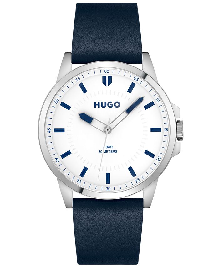 HUGO - First Men's Blue Leather Strap Watch 43mm