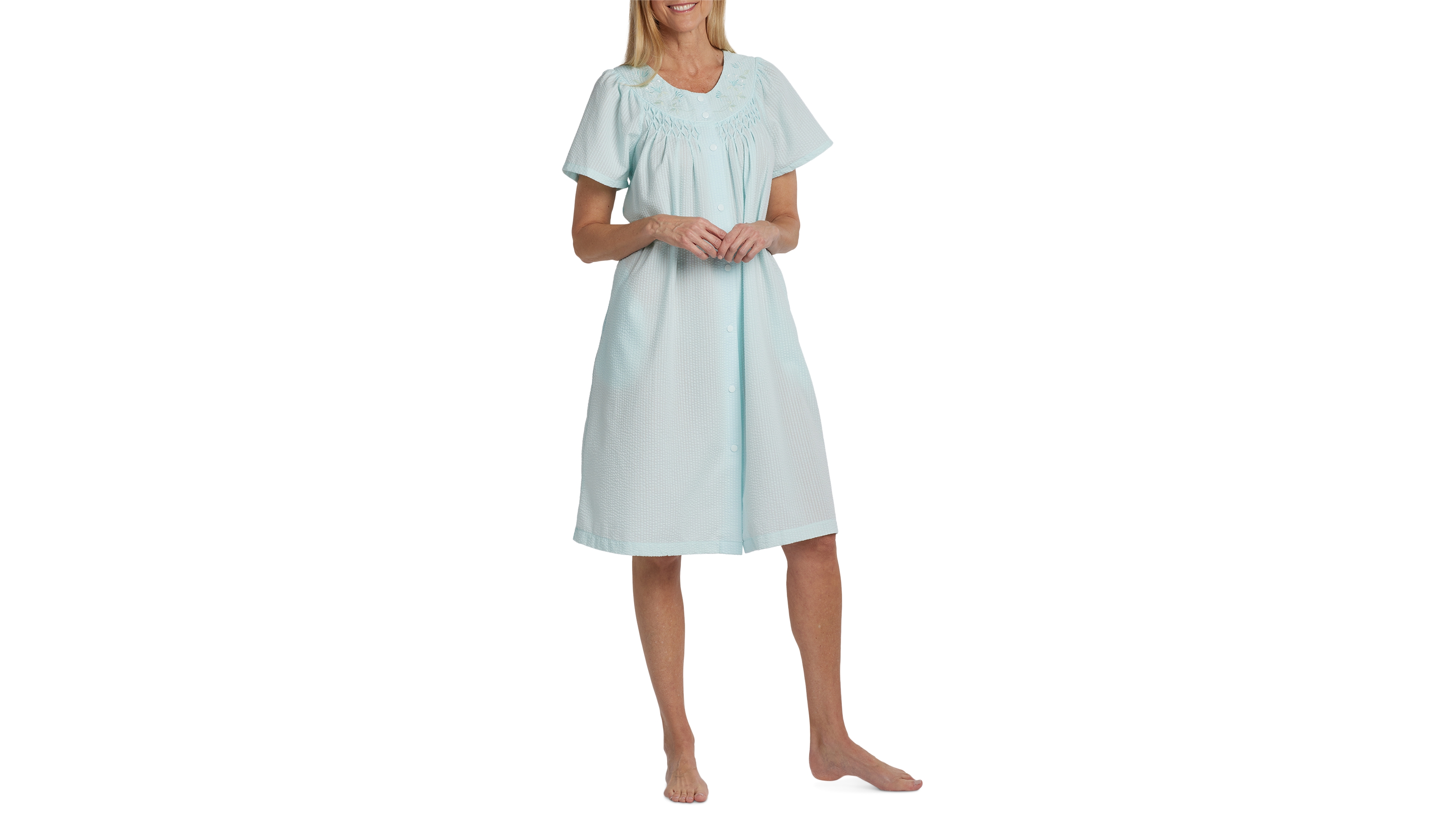 Miss Elaine Short-Sleeve Snap-Front Seersucker Robe