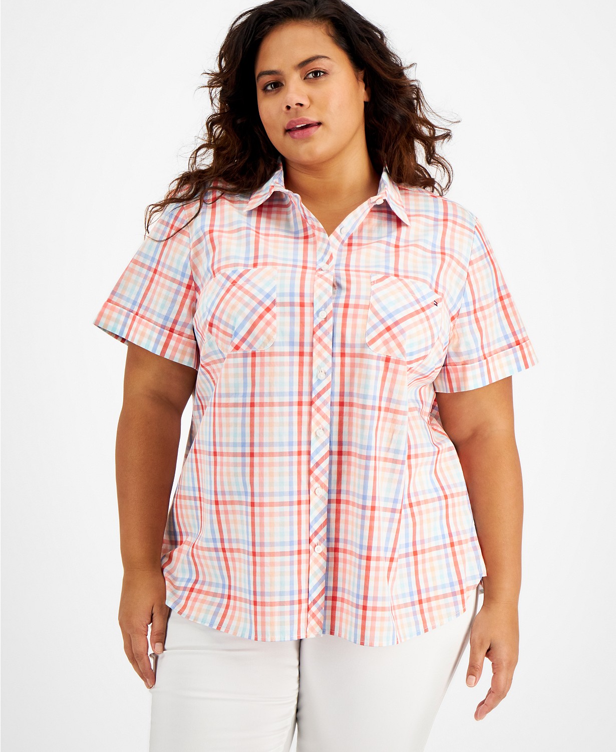 Plus Size Cotton Checked Camp Shirt