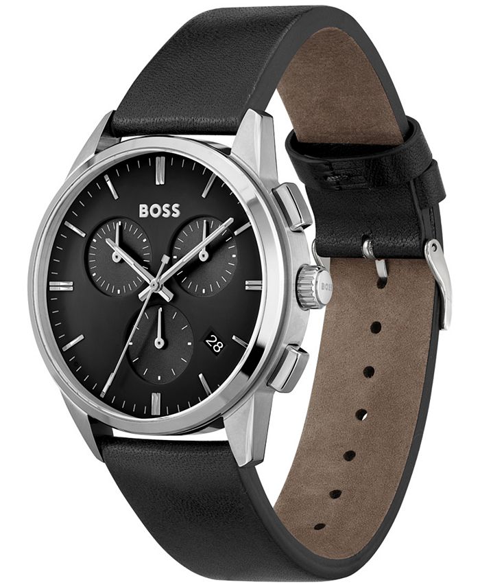 BOSS Dapper Men's Chronograph Black Leather Strap Watch 43mm - Macy's