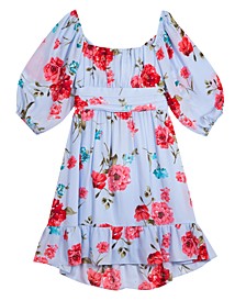 Big Girls Floral Printed Puff Sleeve Dress with Ruched Waistband and Tie Back Detail