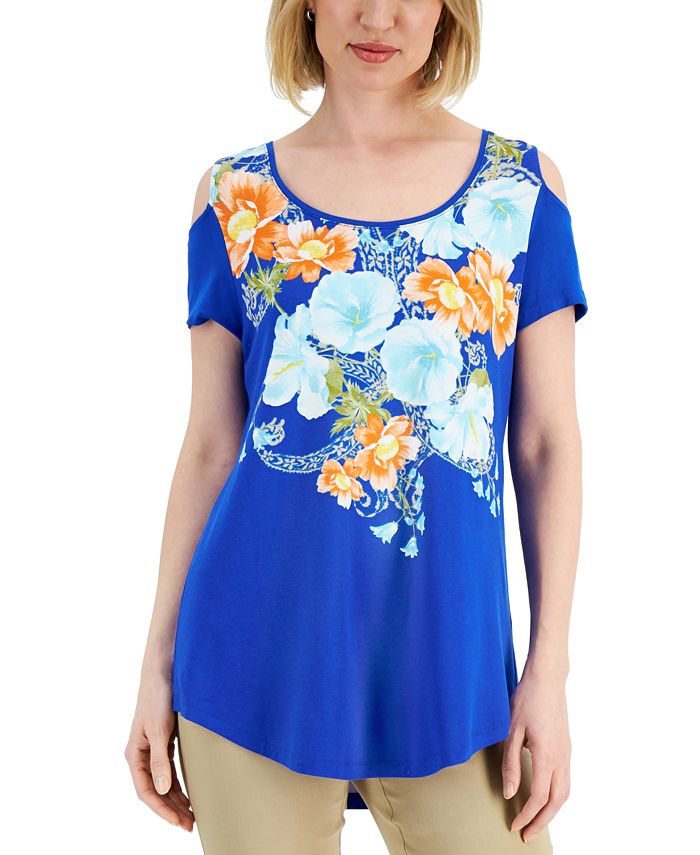 JM Collection Floral-Print Short-Sleeve Top, Created for Macy's - Macy's