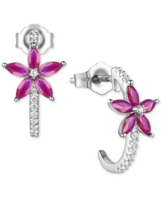 Macy's - Emerald (3/4 ct. t.w.) & Diamond (1/8 ct. t.w.) Flower Half Hoop Earrings in Sterling Silver (Also in Ruby & Sapphire)
