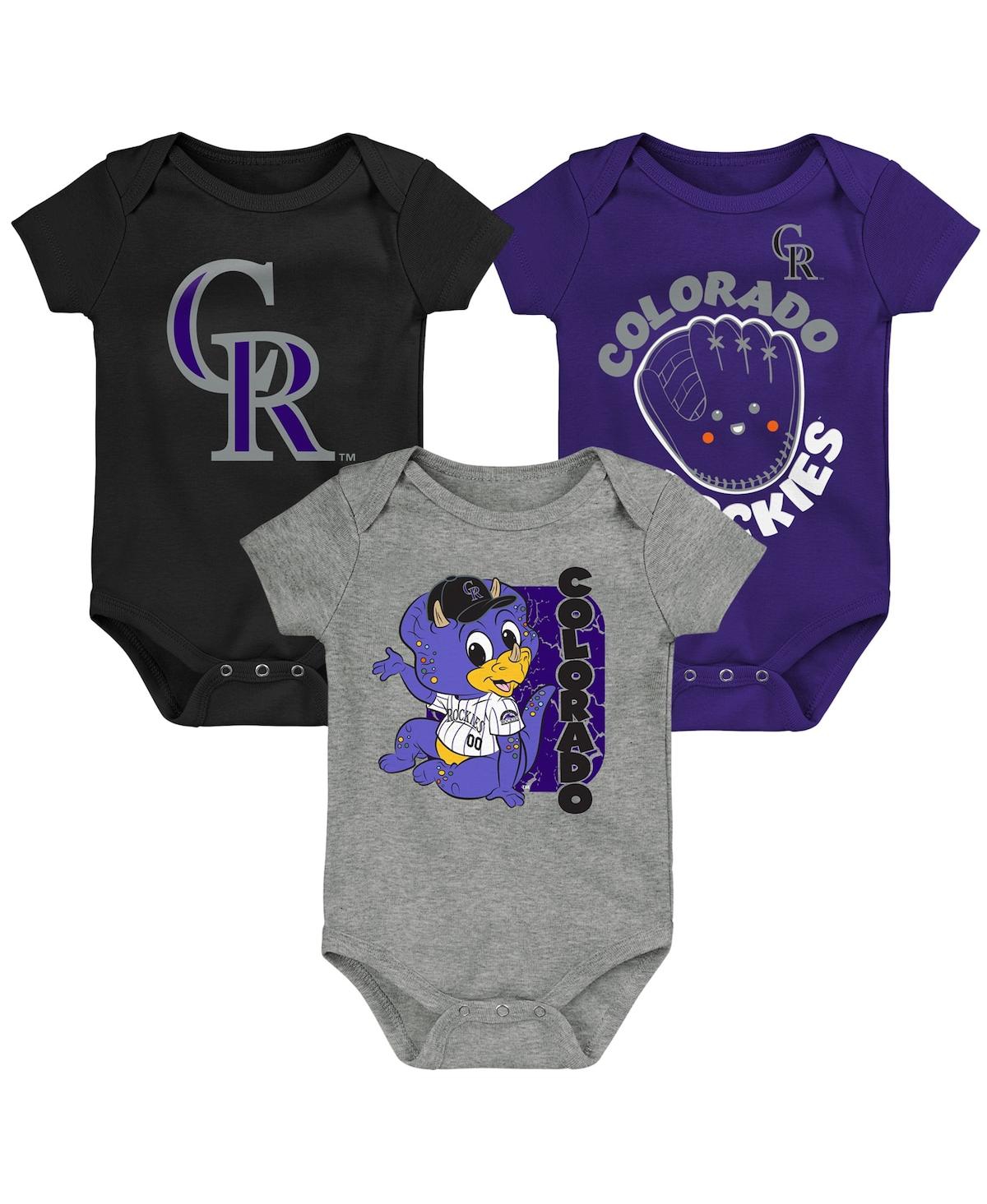 Shop Outerstuff Newborn And Infant Boys And Girls Black, Purple, Gray Colorado Rockies Change Up 3-pack Bodysuit Set In Black,purple,gray