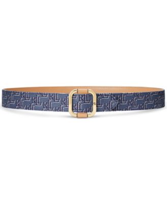 로렌 랄프로렌 Lauren Ralph Lauren Blue Monogram Jacquard Slide-Buckle Belt,Denim Blue/buff