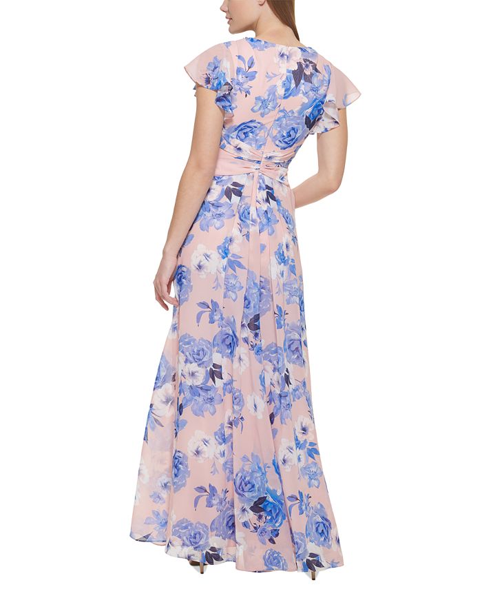 Eliza J Floral-Print Embellished Flutter-Sleeve Gown - Macy's