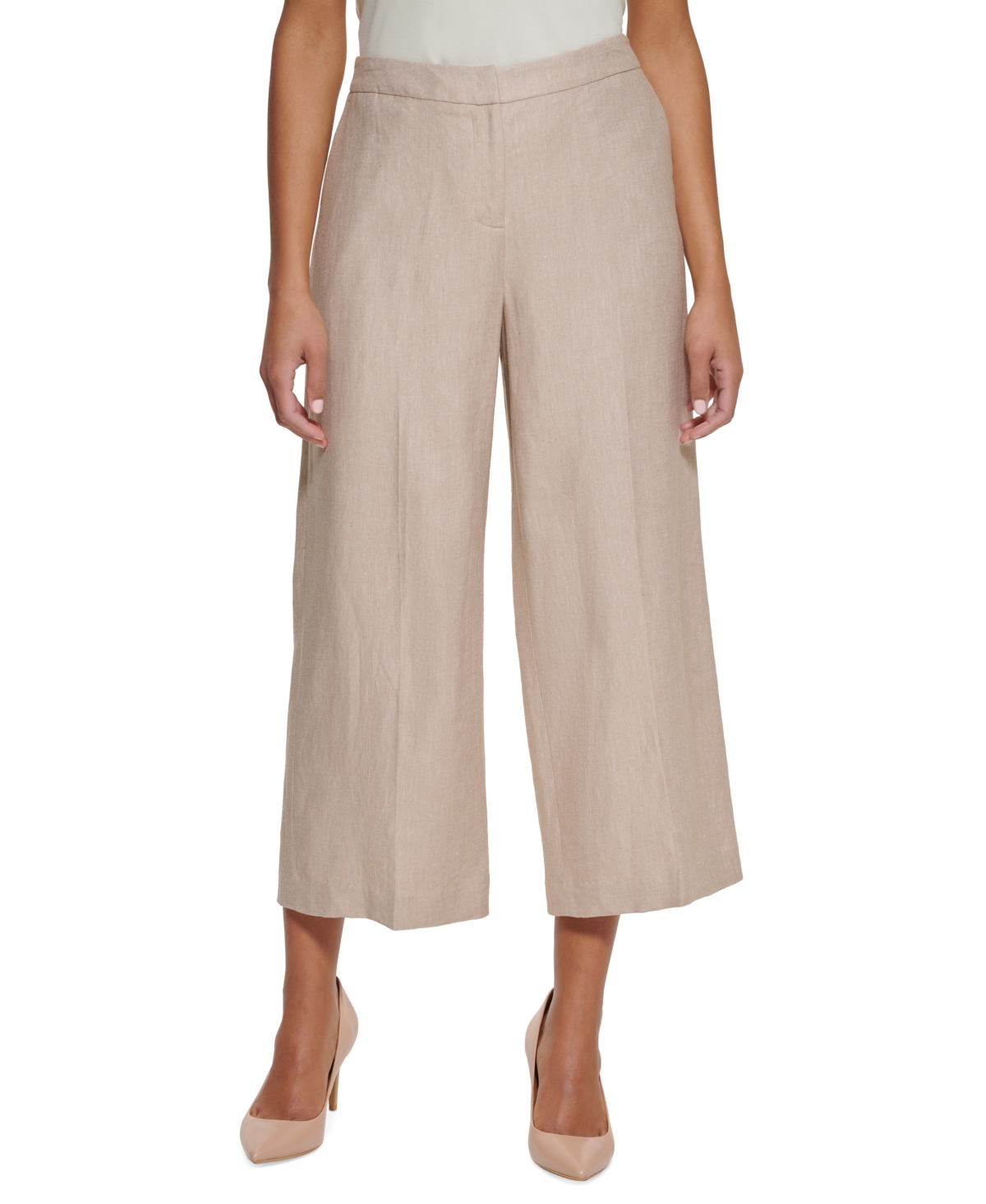 Calvin Klein Petite Linen Cropped Wide-leg Pants In Wheat/cream