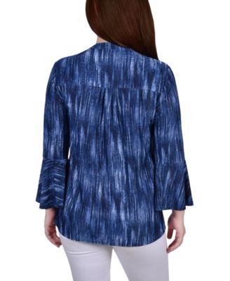 Petite 3/4 Bell Sleeve Printed Pleat Front Y-neck Top
