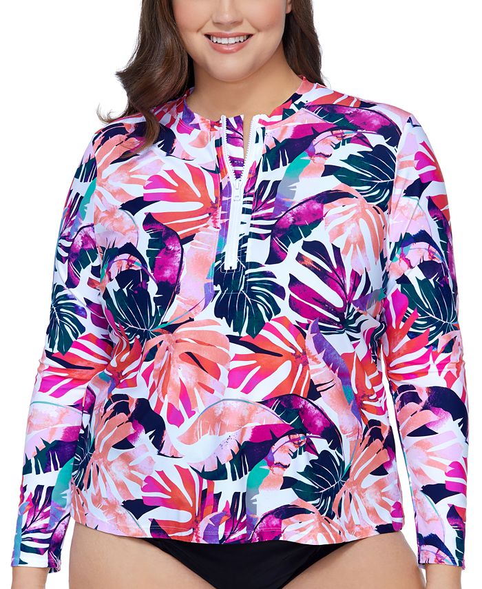 Island Escape Plus Size Printed Half-Zip Rash Guard, Created for Macy's ...