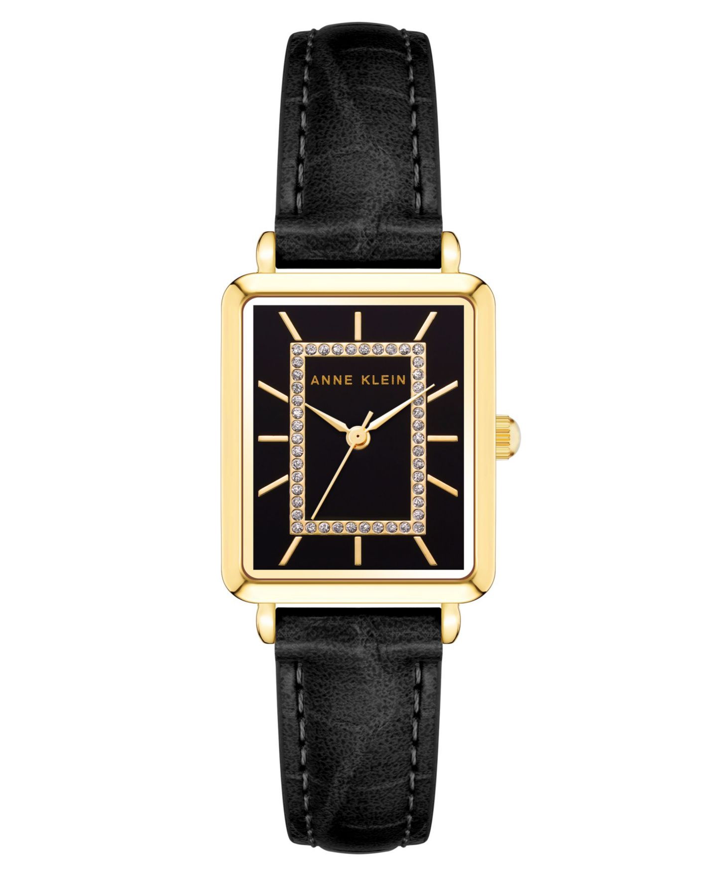Женские часы Anne Klein Watch in Black Faux Leather with Gold-Tone Lugs, 24x36.3mm — фото 1