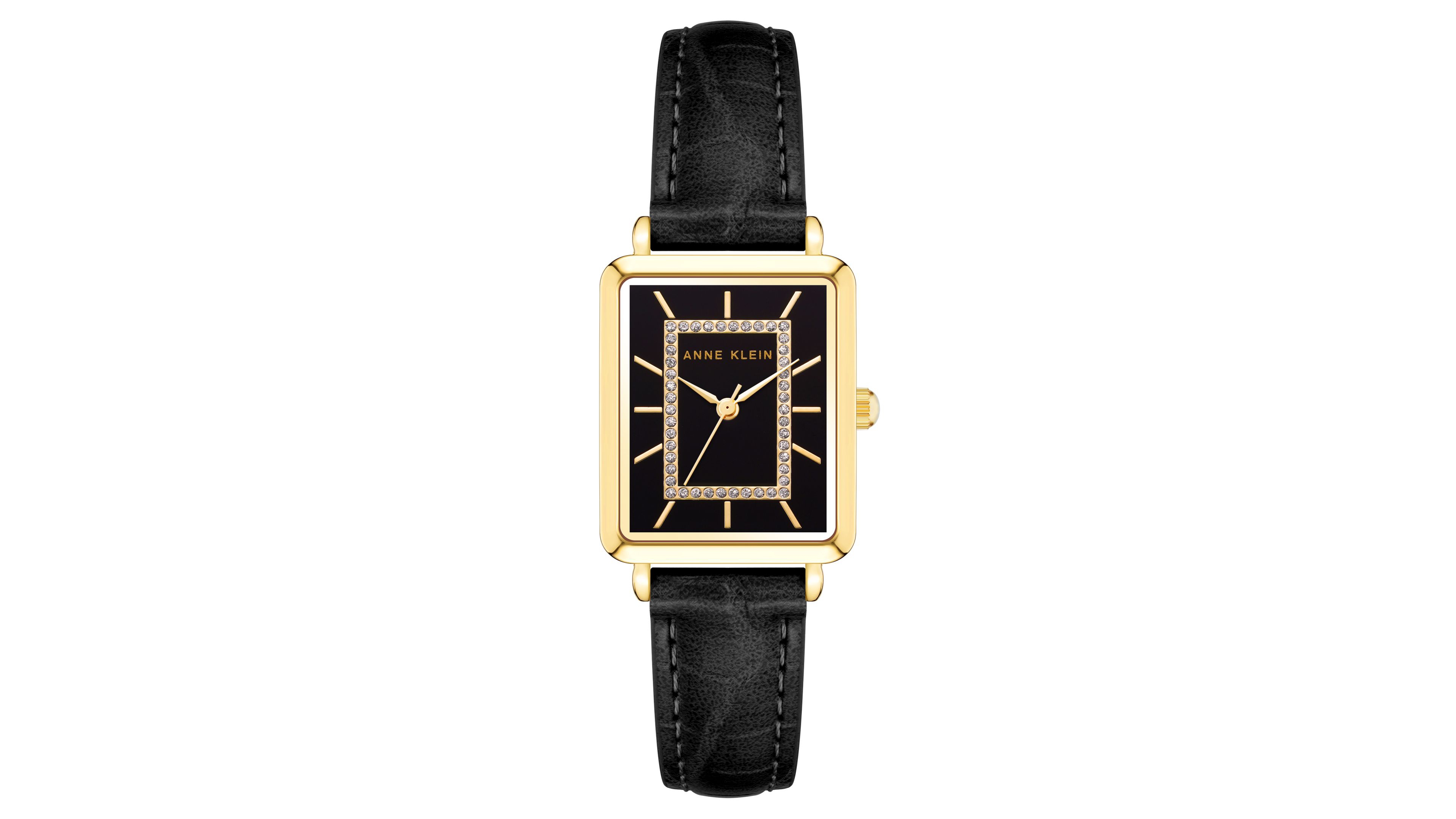 Anne Klein Women's Watch in Black Faux Leather with Gold-Tone Lugs, 24x36.3mm