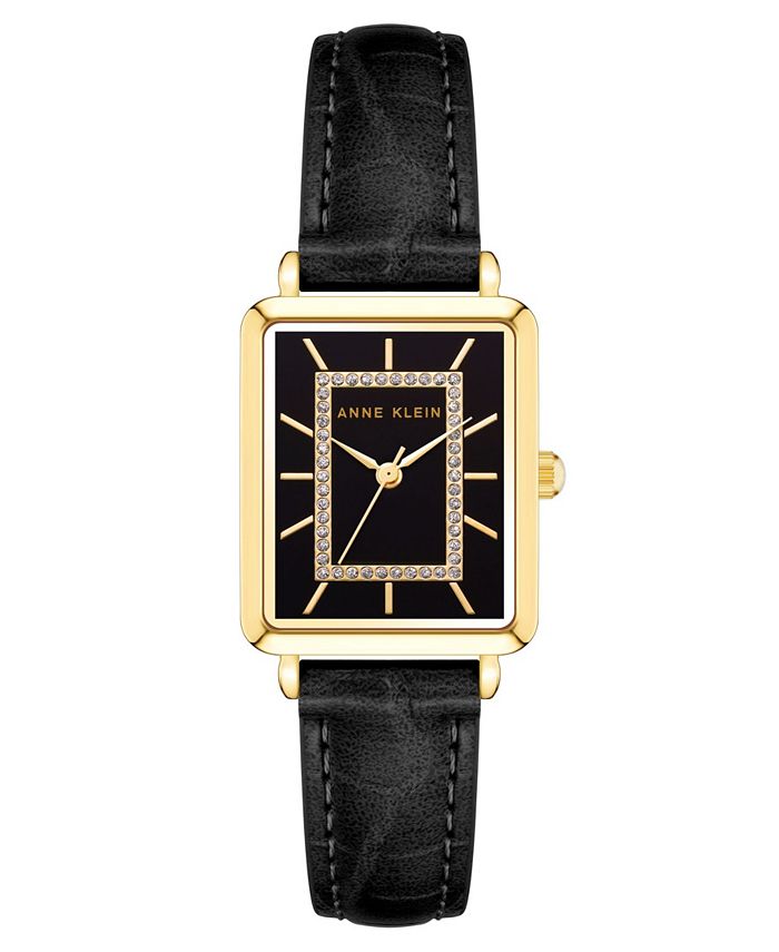 Women's Watch in Black Faux Leather with Gold-Tone Lugs, 24x36.3mm