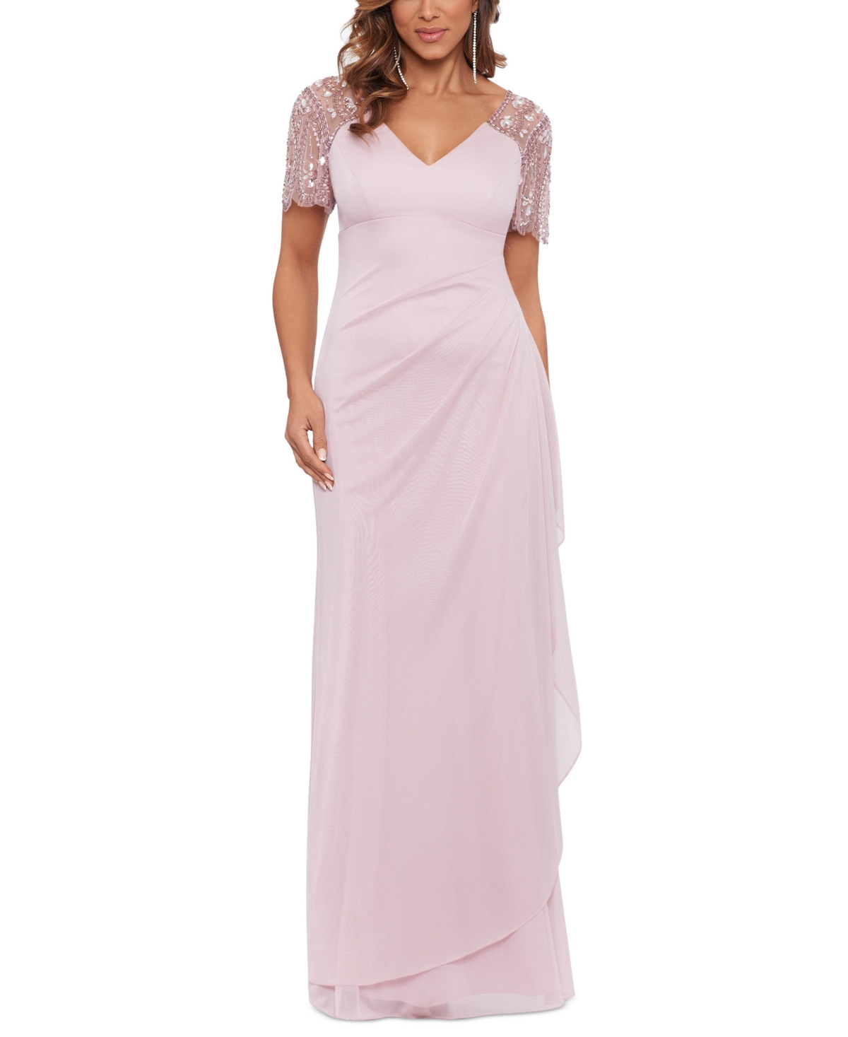 Xscape Beaded-sleeve Gown In Rose